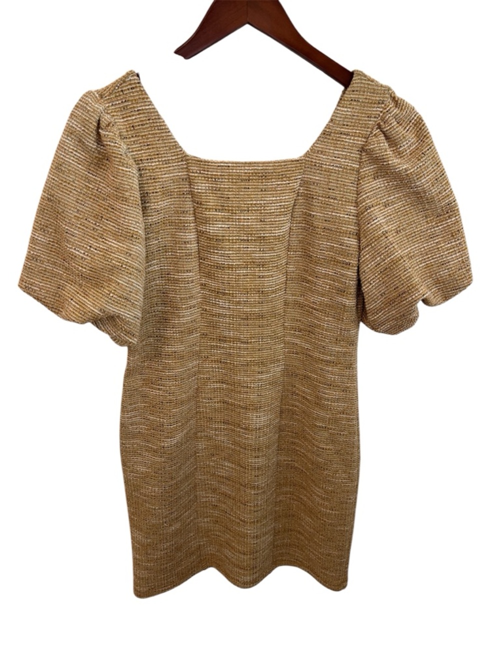 Emelia Tweed Puff Short Sleeve Tan Mini Dress M
